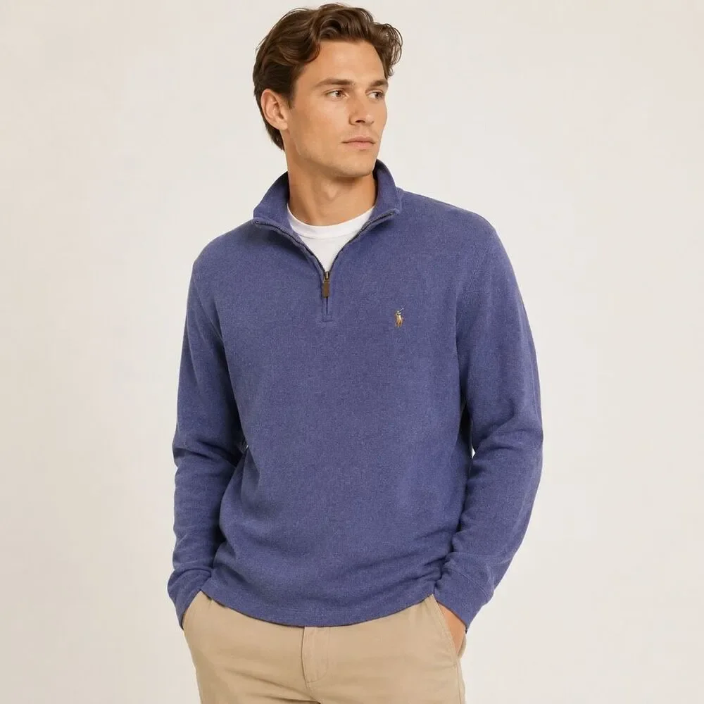 POLO Ralph Lauren Estate Rib Blue Quarter Zip Cotton Knit Sweater Medium